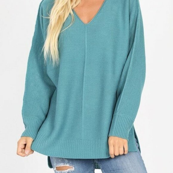 PLUS SIZE  SEAM DETAILED V-NECK SWEATER RIBBED TRI - Picture 2 of 3